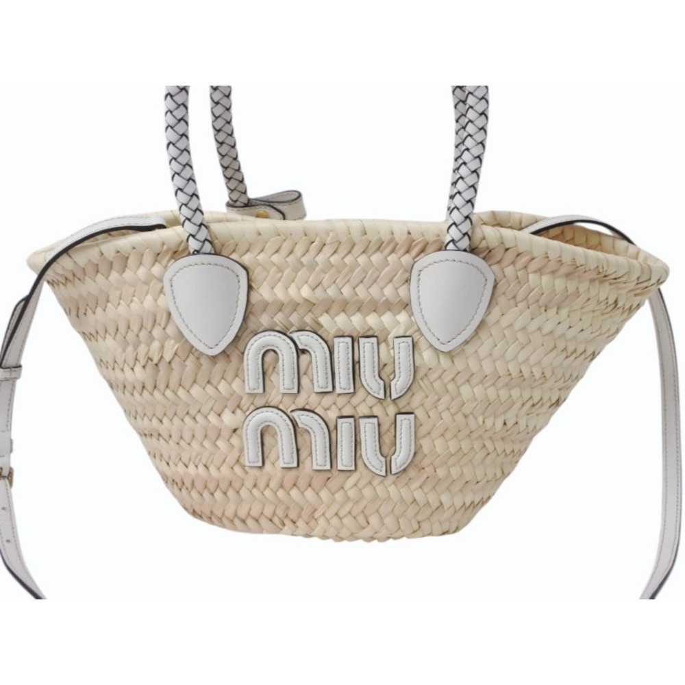 Miu Miu Miu basket bag raffia leather logo patch Beige Tan white - Picture 2 of 8